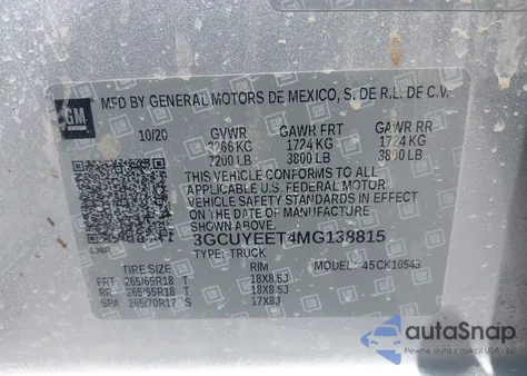 2021 Chevrolet Silverado 1500 4Wd Short Bed Rst z USA, uszkodzony, nr VIN 3GCUYEET4MG138815